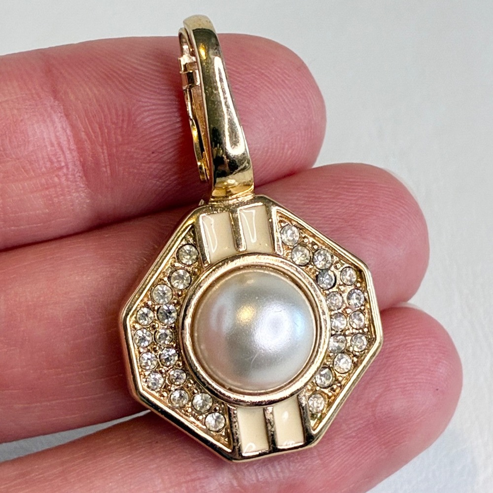Vintage Swarovski Enhancer Pendant Gold Tone Faux Pearl Crystal Hexagon